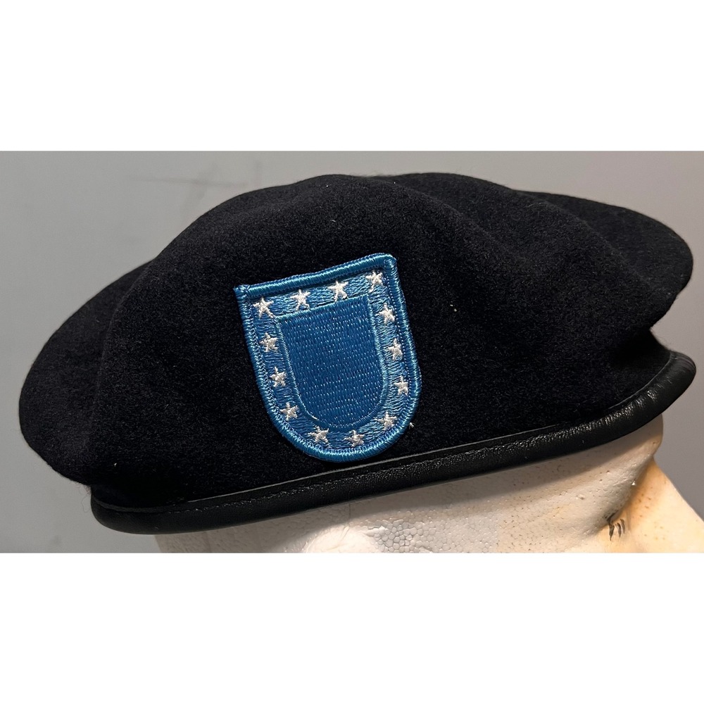 US Military Issue Black Wool Beret Size 7 1/2 Blue Star Flash Patch NWOT